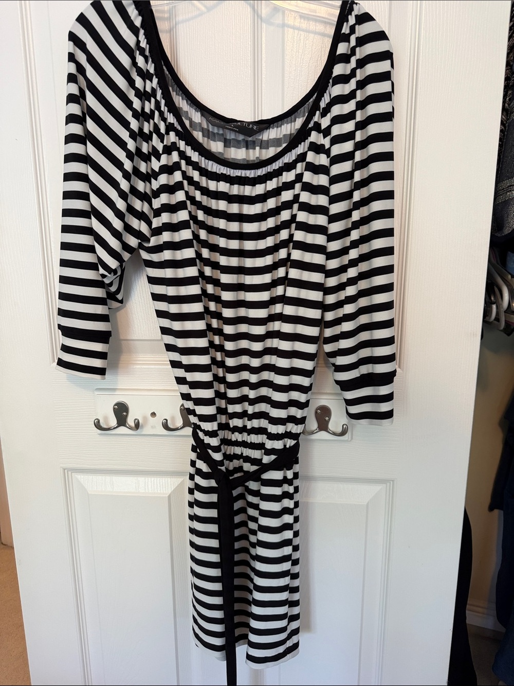 Black & White Striped Women's Dress with Tie Waist